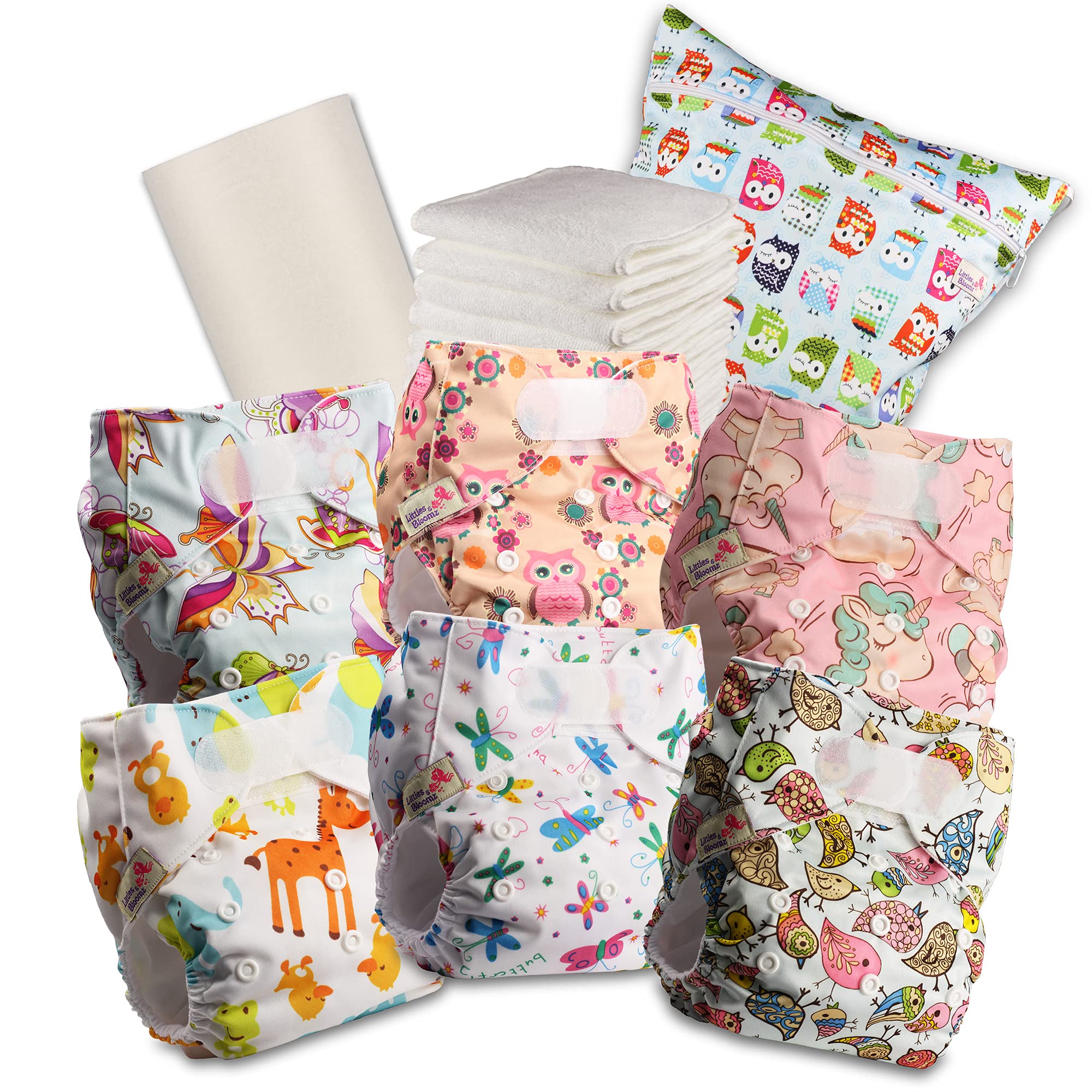 Littles & Bloomz Reusable Nappies – Pocket Cloth Nappy with Hook & Loop Fastening, 6 Nappies + 6 Microfibre Inserts, Bamboo Liner & Wet Nappy Bag 603VM6