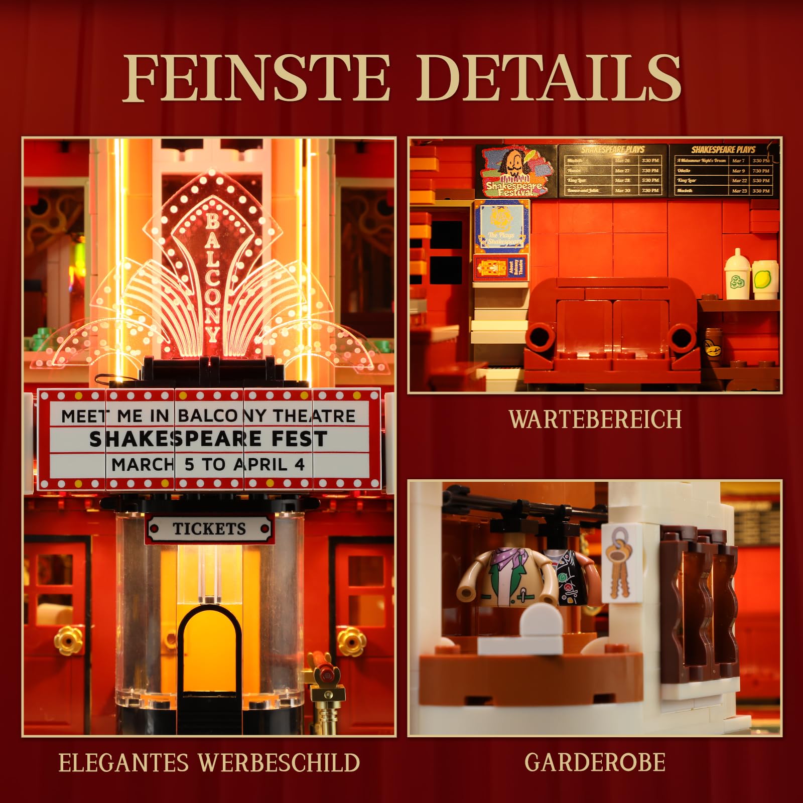 FUNWHOLE Balkon-Theater Beleuchtung Klemmbausteine Haus – mit Szene aus einem Klassischen Shakespeare-Stück, 2445 Pcs, Sammler-Set&Kreatives Stadt-Haus-Modell für Erwachsene & Jugendliche,F9056 5