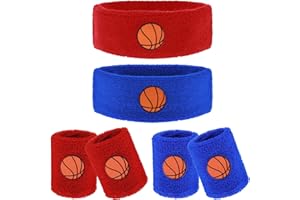 Mabor 6 Pcs Sweatband Set, Including 4 Moisture Wicking Athletic Wristband and 2 Headbands Wrist Sweatband Sports Terry Cloth Sweat Absorbing Head Band for Workout for Kids Teens