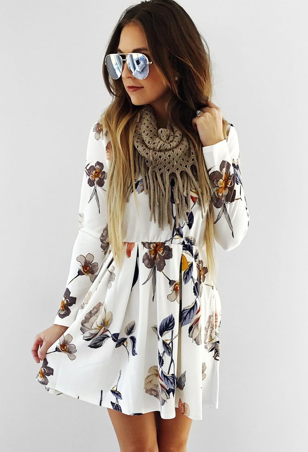 Angashion Womens Dresses Casual Floral Print Long Sleeve Swing Pleated Skater A Line Mini Dress at  Women’s Clothing store