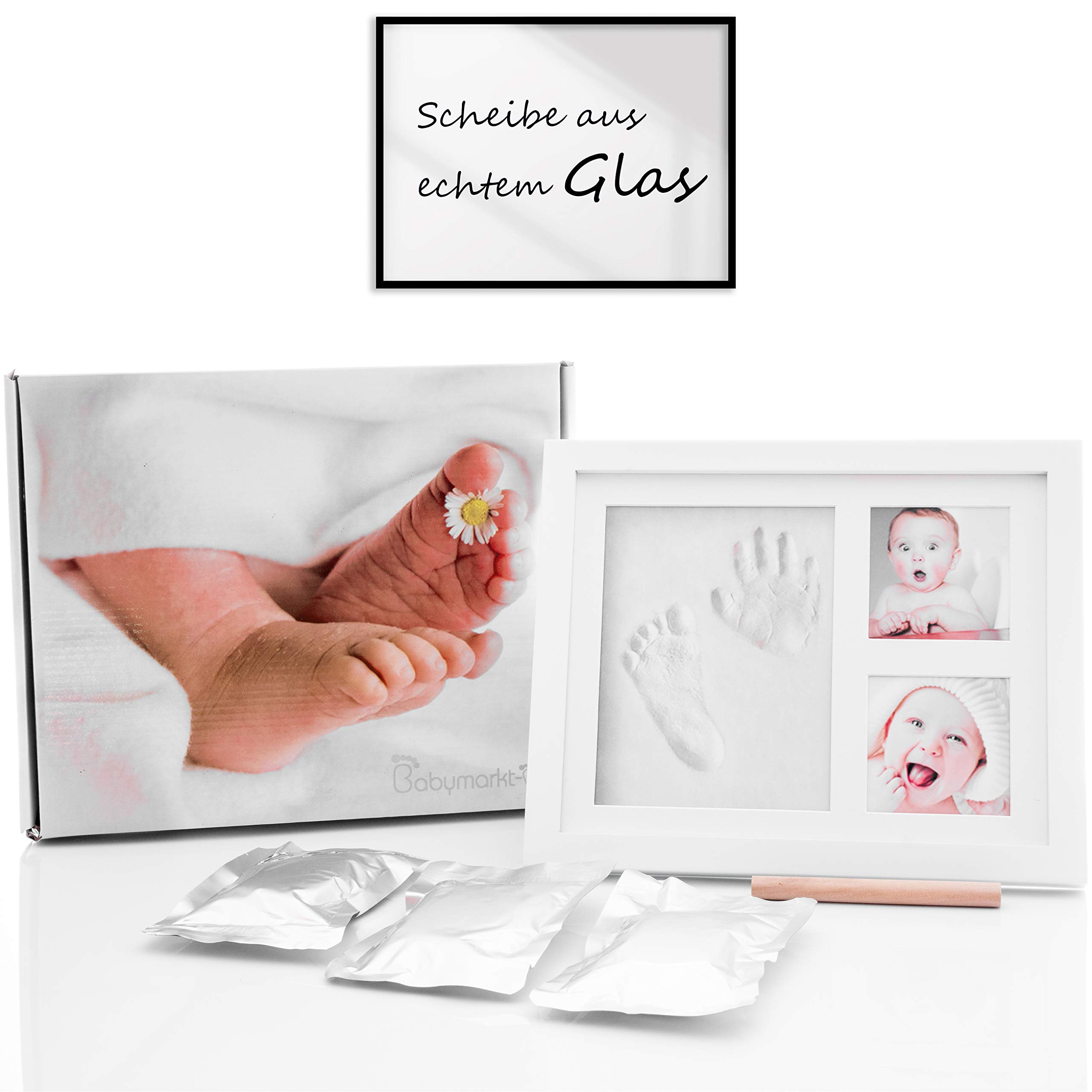 Baby Handprint and Footprint Kit with Picture Photo Frame with Space for 2 Additional Pictures, Earth Tone, White Wood Frame with Glass