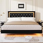 Garvee Floating Bed Frame King Size with Smart Led Lights, Upholstered Platform Bed with Diamond Headboard, Solid Wood Slats Support, No Box Spring Needed, Noise-Free, Easy Assembly, Black