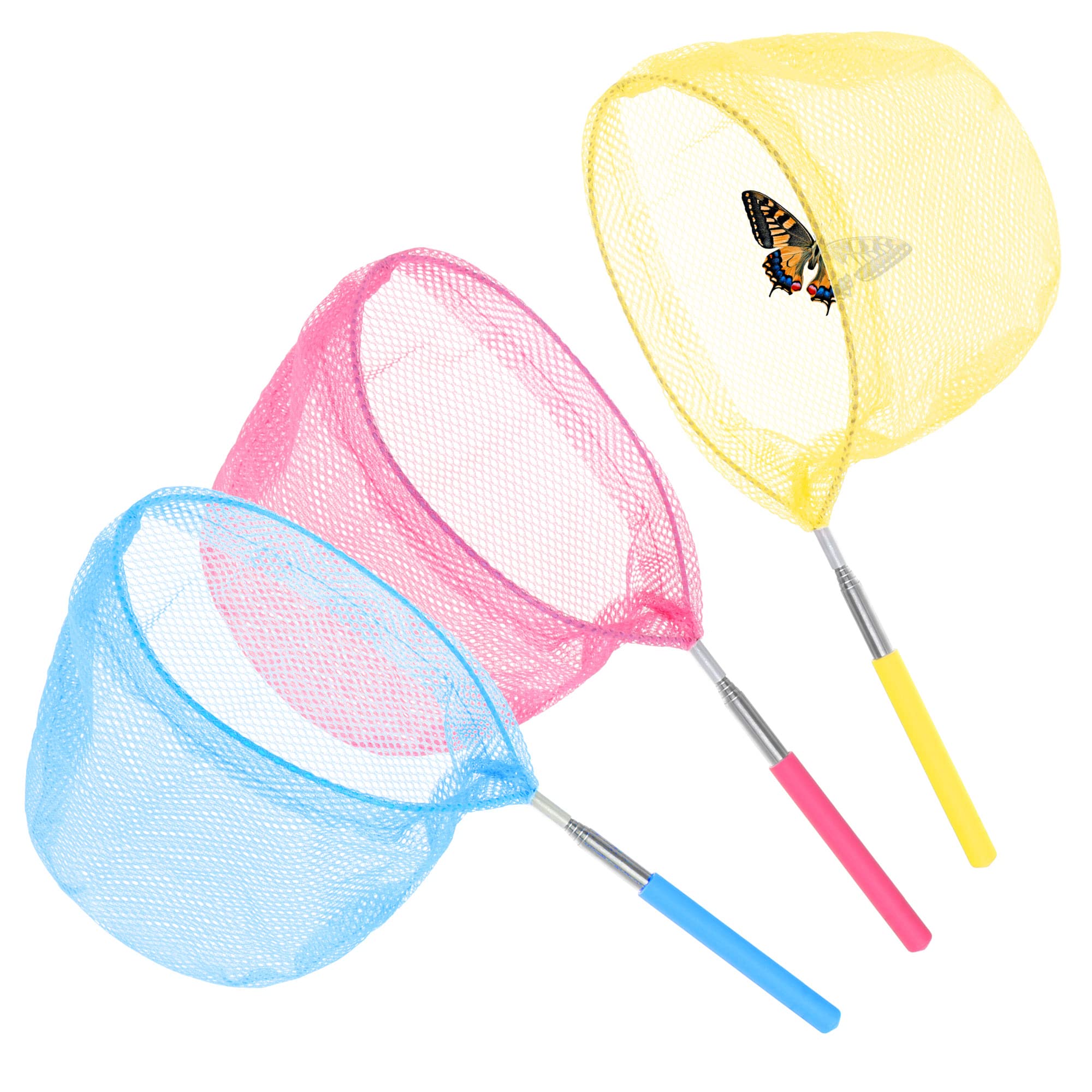COM-FOUR® 3x extendable net for children - insect net with telescopic rod - fishing net for children - colorful children's net [selection varies] (3 pieces - blue yellow pink)