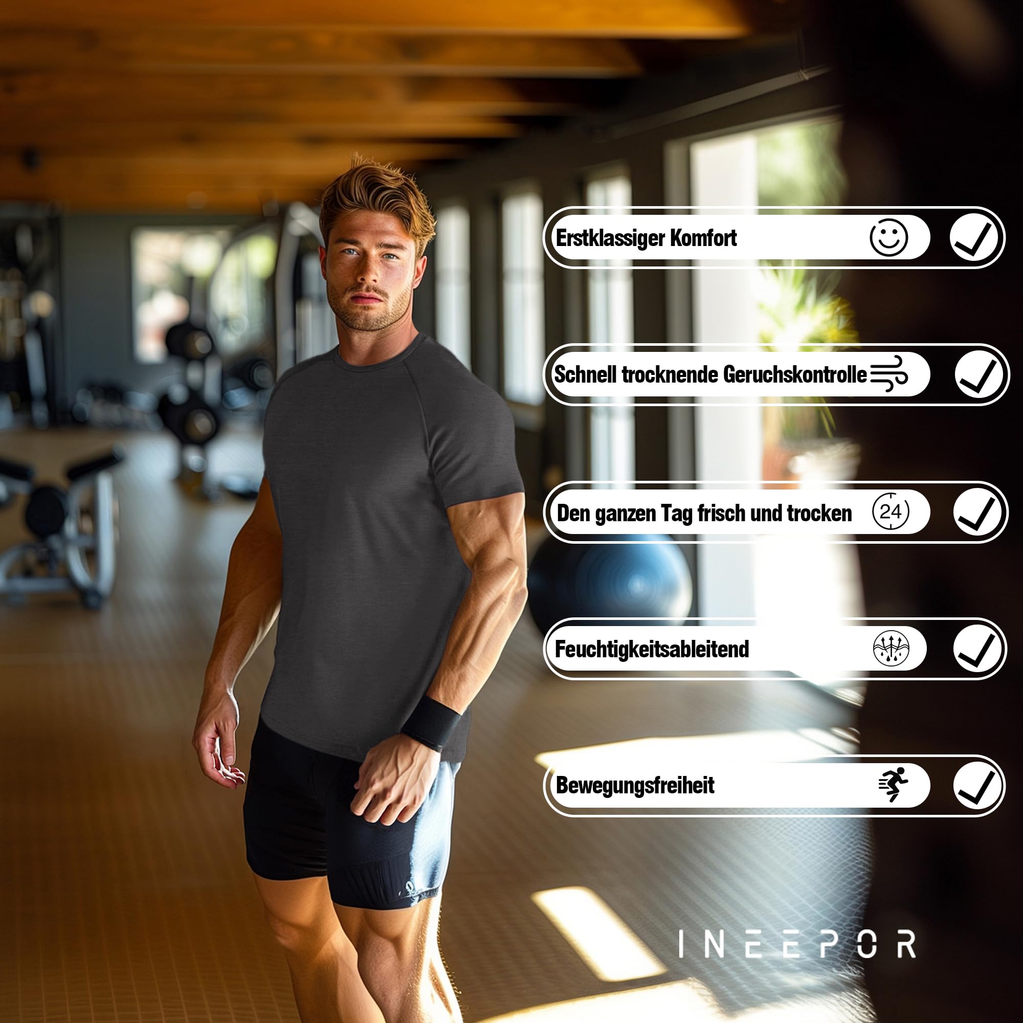 ineepor Merino Shirt Herren Slim Fit Extra lang Kurzarm Funktionsshirt Sportshirt Wandershirt UPF 50+ Kühlung Atmungsaktiv Schnelltrocknend Geruchshemmend Anti Schweiß Unterhemd, Gym Fitness Trekking 2