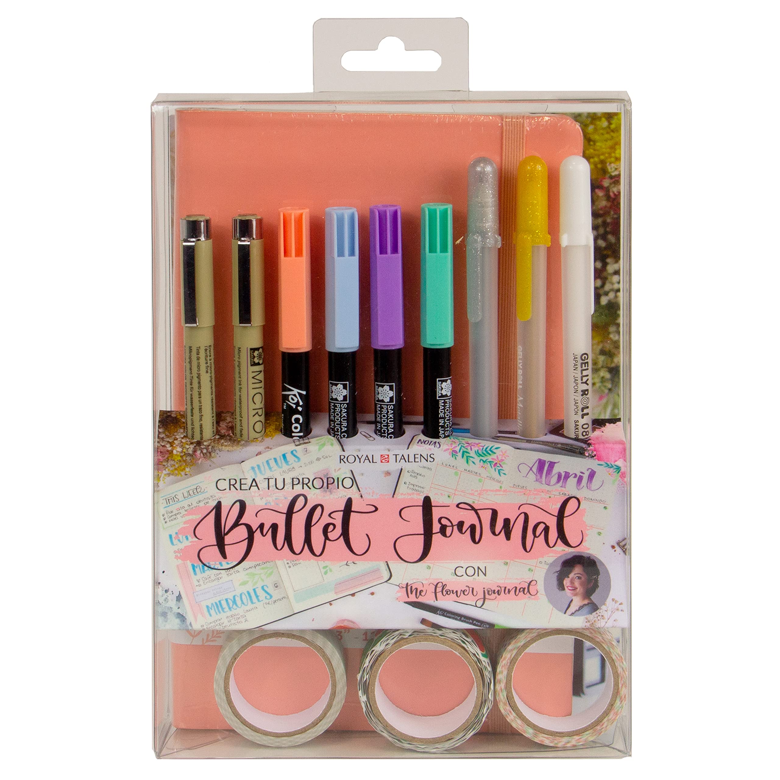 Talens Create Your Own Bullet Journal (Coral Pink) with The Flower Journal, Dot Book, 2 Fineliners, 3 Gel Pens, 4 Brush Pens, 3 Washi Tapes, Step-by-Step Guide