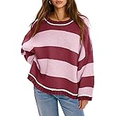 Fisoew Womens Oversized Sweaters Casual Long Sleeve Striped Color Block Crewneck Knitted Loose Fall Pullover Tops