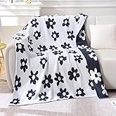 FULFCLVR Floral Reversible Throw Blanket - Chenille Daisy Sunflower Knit Blanket for Couch Bed, All Season Soft Microfiber Decorative Throws for Home Decor, 50x60 inches, Dark Blue/Off White.