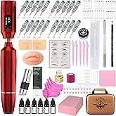 Eyebrow Microblading Tattoo Gun Kit - Professional Tattoo Pen &amp; Brow Pencil Set for Microblading Supply, Semi-Permanent Makeup Tattoo Machine with 50Pcs Needles for Artists Starter (Red, TP39)
