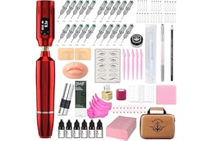 YBEAUTY Eyebrow Microblading Tattoo Gun Kit - Professional Tattoo Pen & Brow Pencil Set for Microblading Supply, Semi-Permanent Makeup Tattoo Machine with 50Pcs Needles for Artists Starter (Red, TP39)