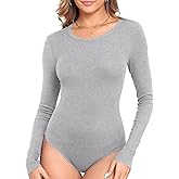 Roselux Womens Long Sleeve Stretch Crewneck Ribbed Knit Bodysuits T Shirt Body Suit Basic Tops