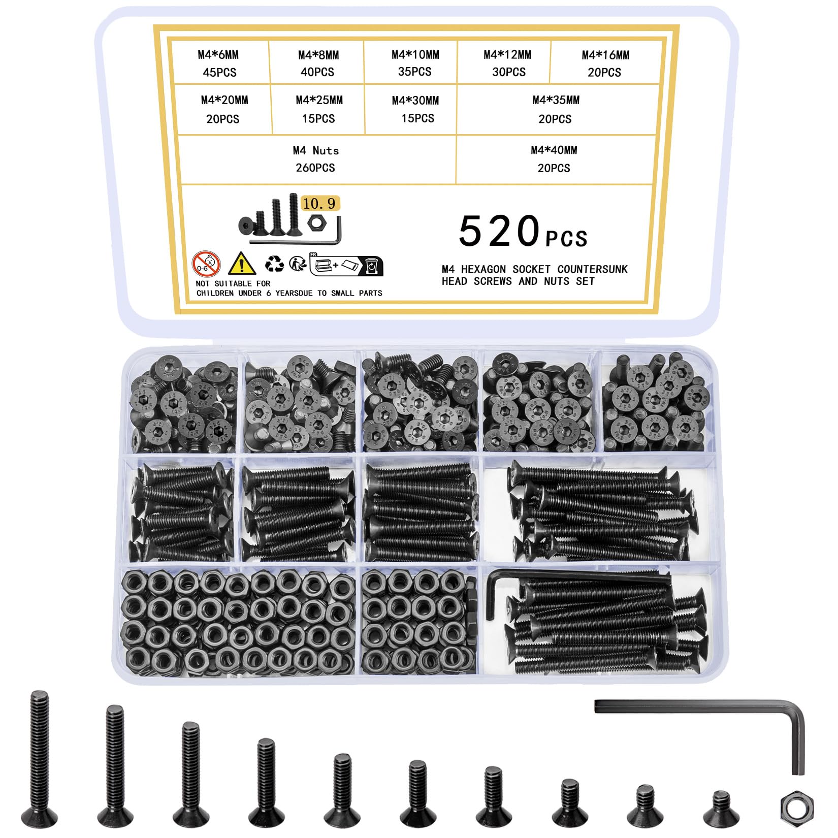 Ewwtrey 520 Pcs M4 Screws Set, Countersunk Hex Socket Head Cap Screws and Nuts Set, M4 Bolts and Nuts Assortment, Hexagonal Flat Head Machine Screw, with Wrench