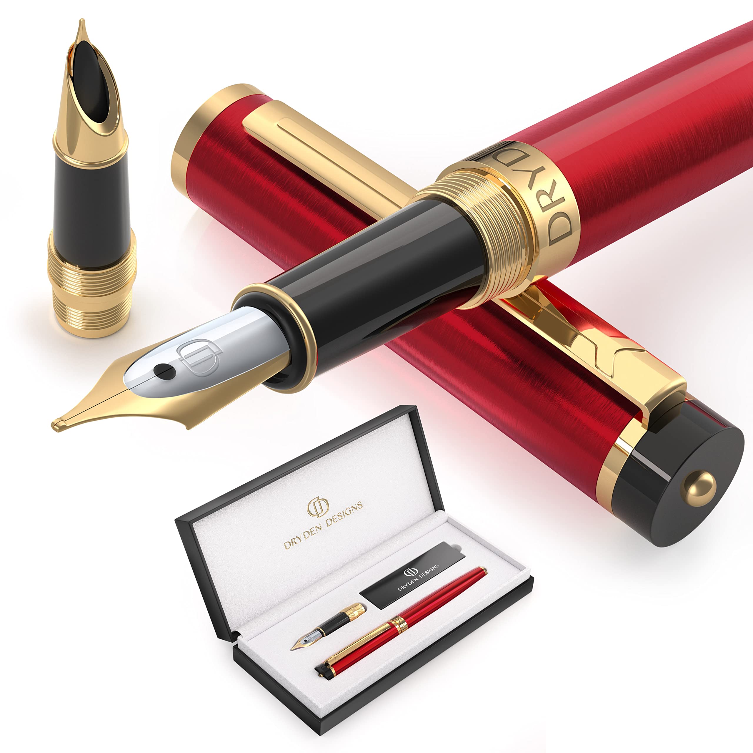 Dryden Designs Fountain Pen - Medium Nib 0.5mm & Fine Nib 0.38mm - Includes Luxury Box, 6 Ink Cartridges - 3 Black 3 Blue and Ink Refill Converter - Dangerous Red
