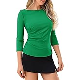 Boat Neck 3/4 Sleeve Tops for Women Ruched Side Ribbed T-Shirts Fitted Casual Basic Tees Summer Fall Outfits Going Out Top Green-b