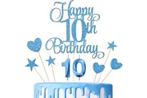 Lecferrarc 10th Birthday Cake Decorations, 10th Birthday Candles Cake Numeral Candles and Glitter Happy 10th Birthday Cake Toppers Set for Birthday Party Supplies (Blue)