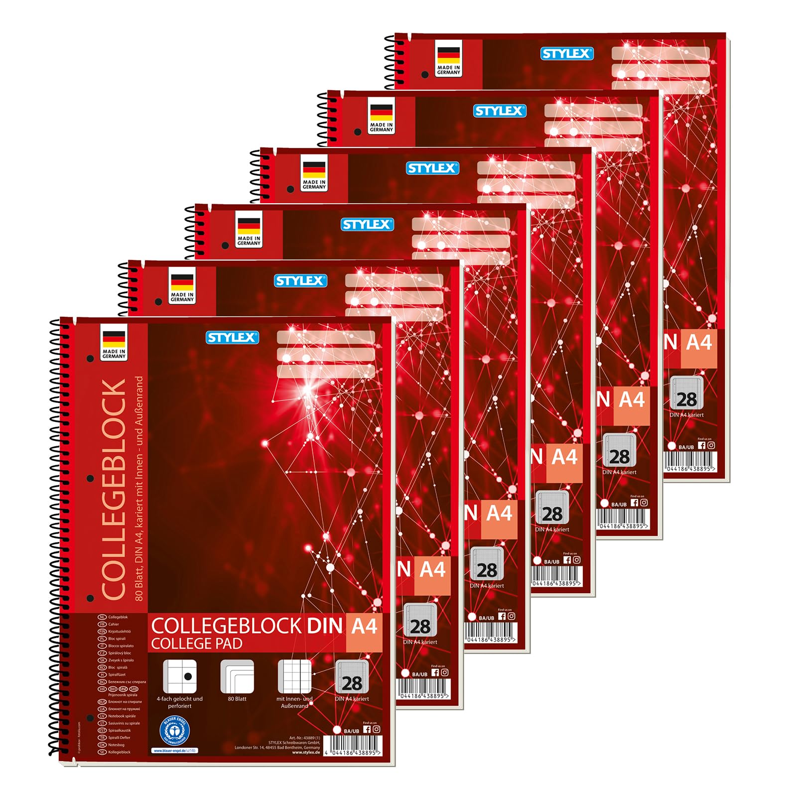 Stylex 43889-P6 Spiral Bound College Notebook, Squared, DIN A4, 80 Sheets with 60 g/m² Grammage, Pack of 6