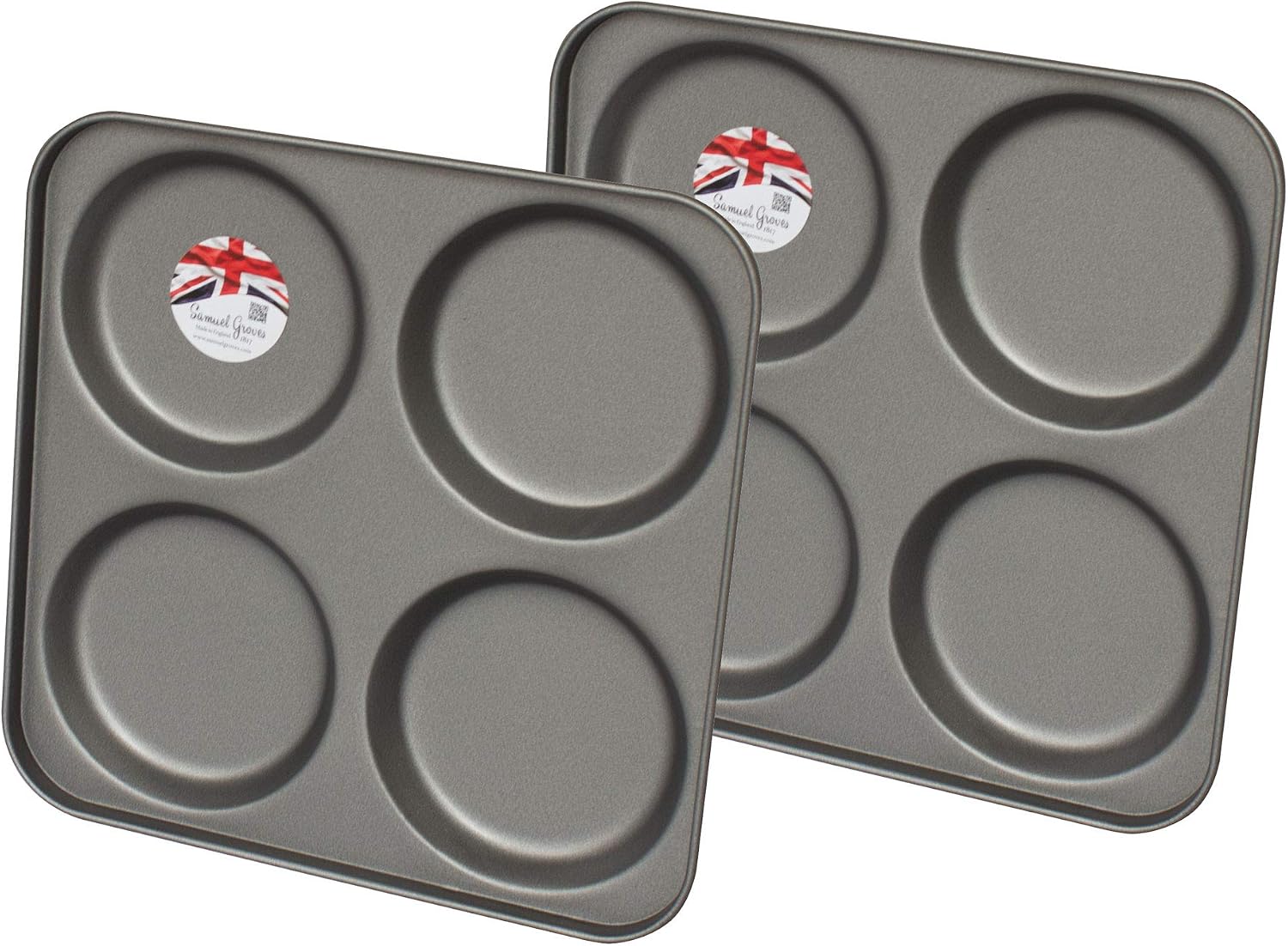 Samuel Groves Chabrias Ltd UK-Made 2-Pack Yorkshire Pudding Tray, 4-Cup “Giant”, Carbon Steel, Long-Life Non-Stick, Even-Bake