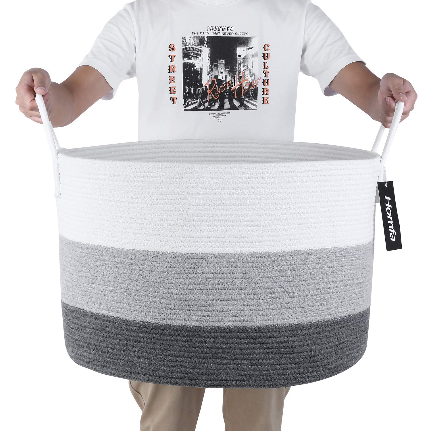 Homfa Wäschekorb 2er Set Aufbewahrungskorb aus Baumwollseil mit Griffen faltbar Weiß Grau