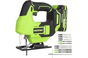 FASTPRO 20V Cordless Jig Saw Kit, Electric Jigsaw with 10pcs Blades & Laser Guide, Included 2.0 Ah Battery, Charger and Edge Guide