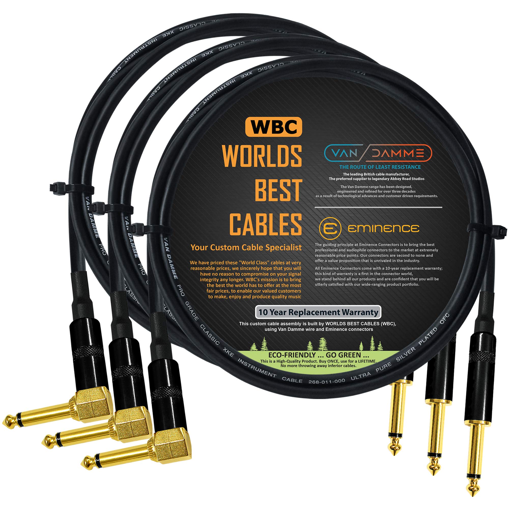 3 Units - 2 Meter - Van Damme Pro Grade Classic XKE - Premium Ultra-Flexible Multi-Shielded Guitar Instrument Effects Patch Cable w/Eminence Straight & Angled Gold 6.35mm TS Plugs & Staggered Boots