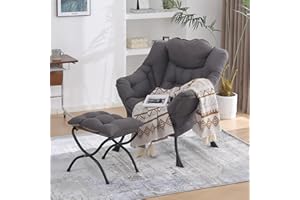MBOOYOME Lazy Chair with Folding Ottoman, Modern Accent Lounge Armchair with Armrests and a Side Pocket & Foldable Footstool, Leisure Reading Chair for Living Room, Bedroom, Dorm & Office, Dark Grey