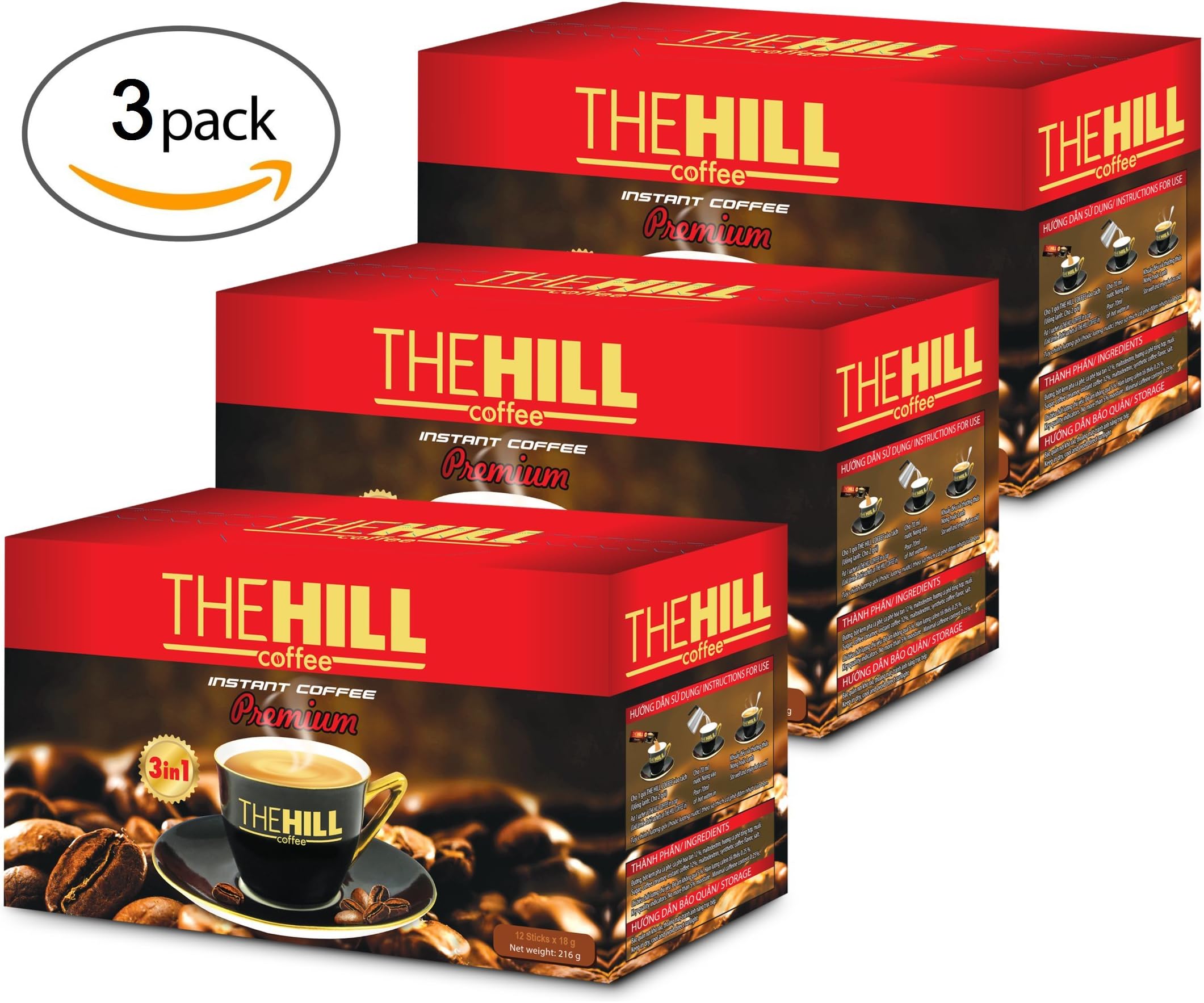 The Hill 3 in 1 Coffee. Best Instant Coffee Packets with Creamer and Sugar. Aromatic Vietnamese Coffee with Coffee Creamer Powder. Original Flavor. 3 Boxes each with 12 Coffee with Creamer Packets