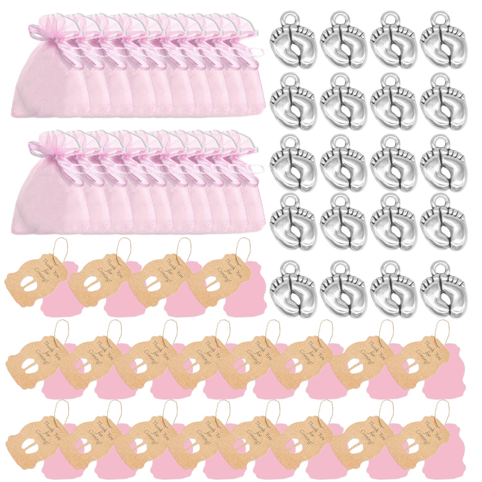 Zngou 20Sets Baby Shower Gifts for Guests Thank You Coming 20 Organza Bags Tags Favours Return Girls Boys Christening Souvenir (Pink with Feet) (4887T)