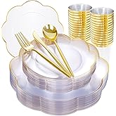 ejonirinjonir EI 180pcs Clear and Gold Plastic Plates with Plastic Silverware,Dinnerware Plate Set for Party,Disposable Plates Heavy Duty Clear Gold Cups for Wedding,Birthday,Spring Afternoon Tea