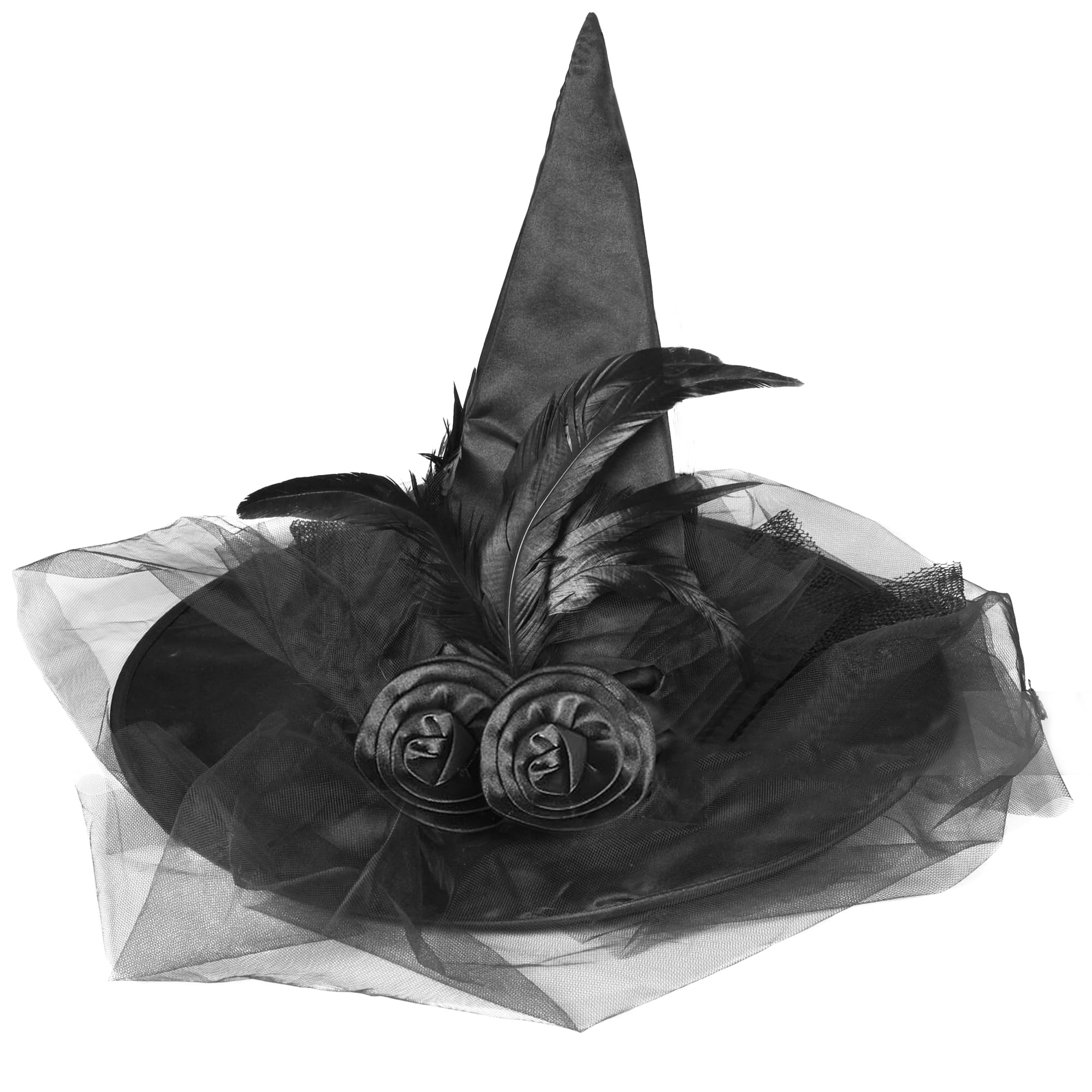 Moonlight Fright Black Witch Hat with Veil and Feathers - Black Witch Hat with Feathers Veil Halloween Accessories for Women and Girls Halloween Costumes - World Book Day Costume Accessories