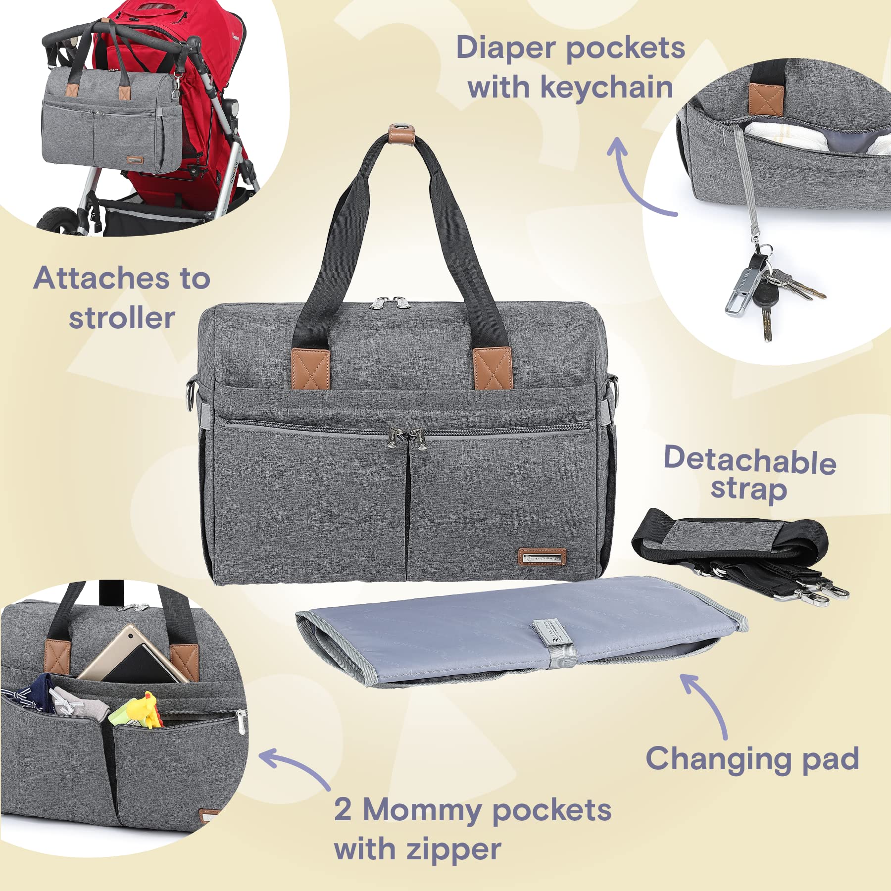 RUVALINO Diaper Bag Tote, Hospital Bags for Labor and Delivery, Multifunction Large Travel Weekender Overnight Bag for Mom and Dad, Convertible Baby Bag for Boy and Girls Gray