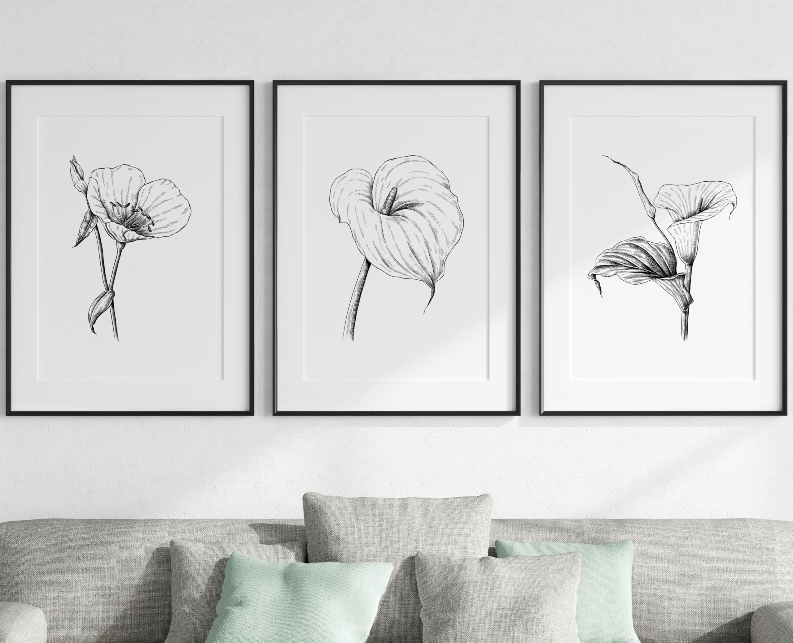 Eviepops Prints Wild Flowers Abstract Wall Art Set of 3 Unframed Prints, Abstract Tropical Plant Decor, Living Room Bedroom Poster Home Decor, Black and White Flower Leaves (A4)