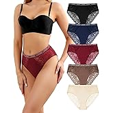 LEVAO Women's High Waist Cotton Underwear Lace Trim Bikini Panties - Soft Comfort Everyday Briefs with Logo Waistband S-2XL