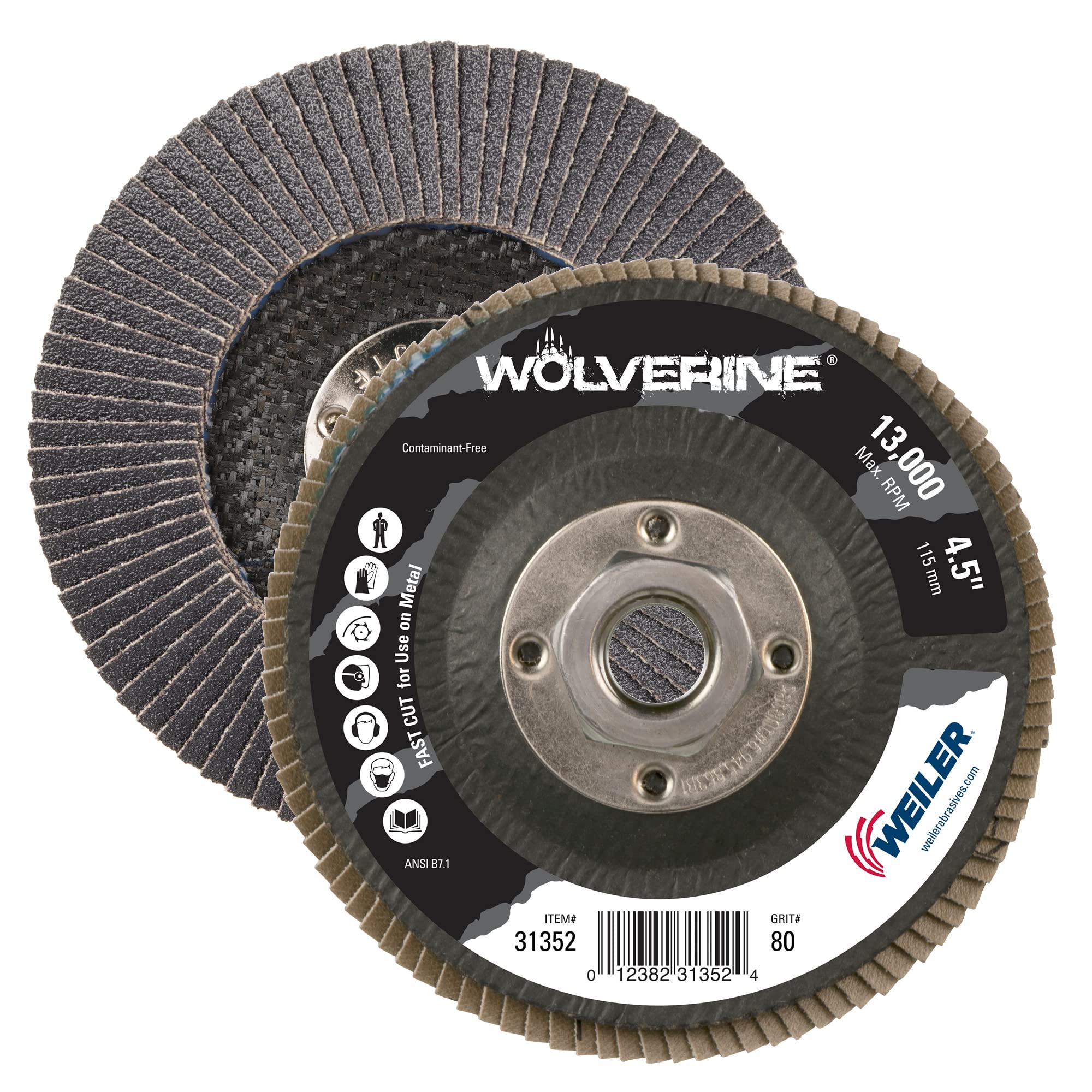 Weiler 31352 Wolverine 4-1/2" x 5/8"-11 UNC NUT Abrasive Flap Disc, 80 Grit Zirconia Alumina, Bevel Type 29, Phenolic Backing, Standard Density, Made in The USA, (Pack of 10)