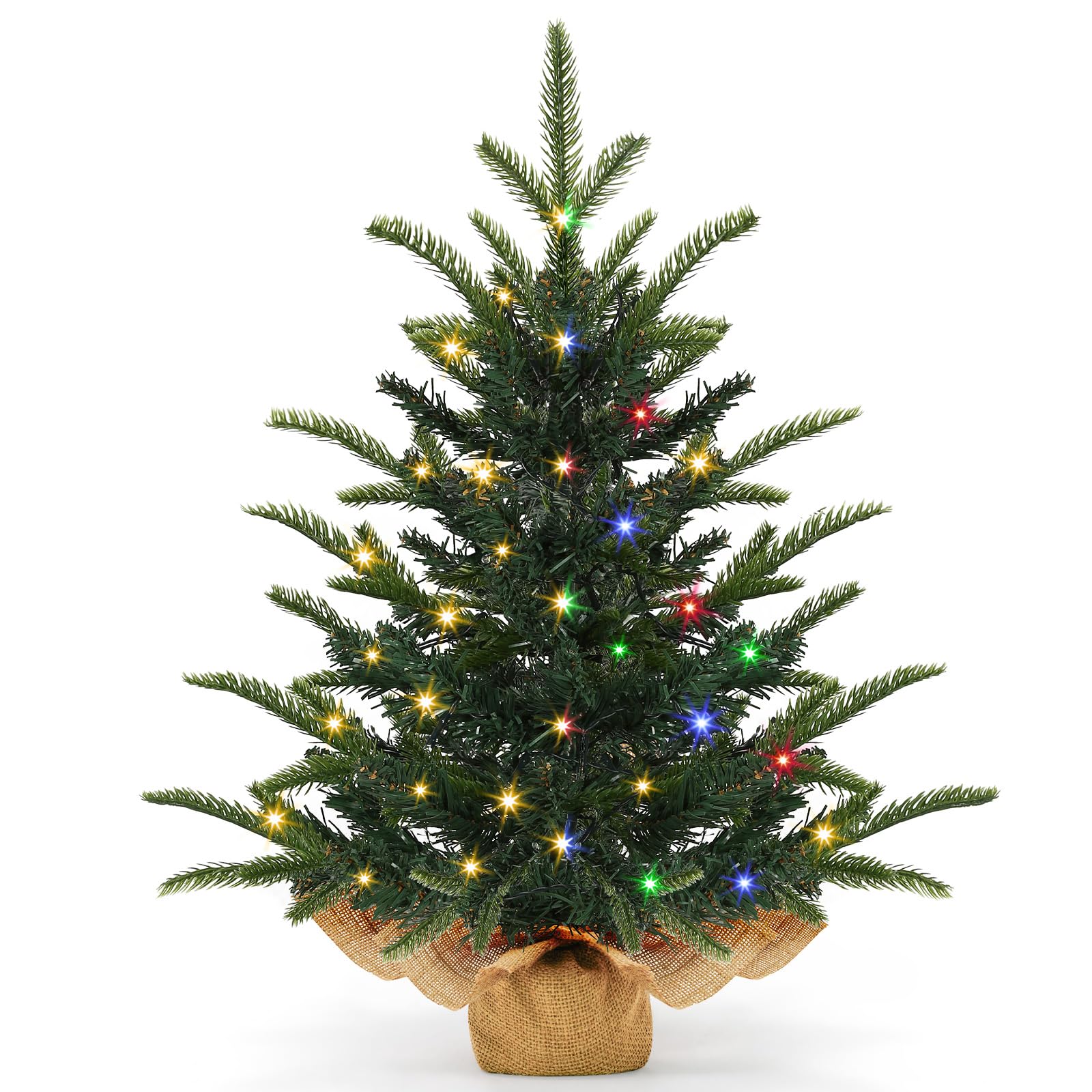 Photo 1 of [ 12 Modes & Timer] 24 Inch Realistic Tabletop Christmas Tree Small Christmas Tree with 50 Warm White & Colored Lights Battery PE&PVC Branches Burlap Base Indoor Home Table Christmas Decorations