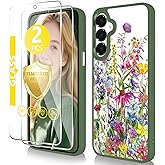 Govmeie for Samsung Galaxy A16 5G Case(6.7 inch) with Tempered Glass Screen Protector Slim Soft TPU & Hard PC Crystal Clear Cover, Elegant Cute Floral Pattern Design for Girls Women-Blossoms/Green