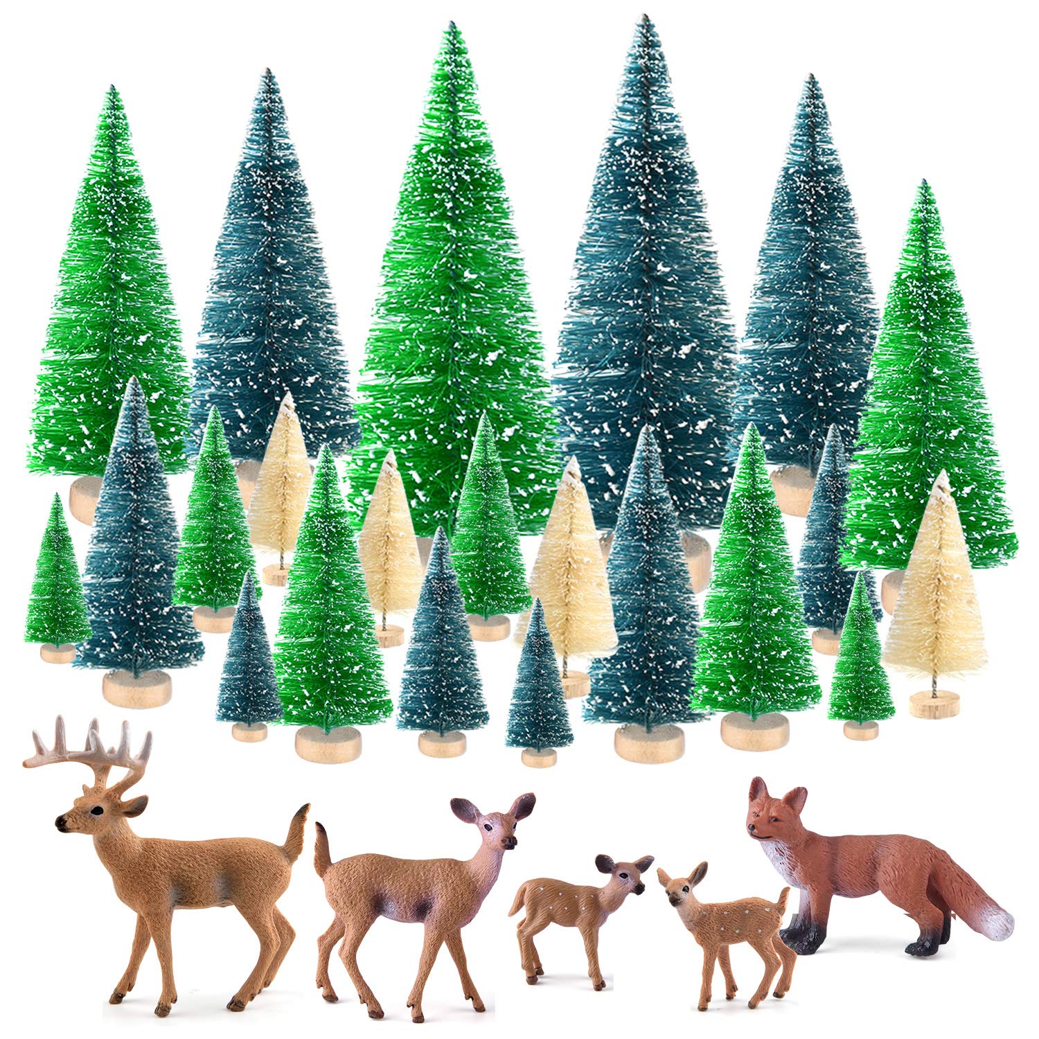 KUUQA 25 Pcs Mini Sisal Trees Bottle Brush Trees Snow Frost Trees with Miniature Figures Woodland Animals Deer Fox Table Top Crafts DIY Room Decor Mini Christmas Village Decoration