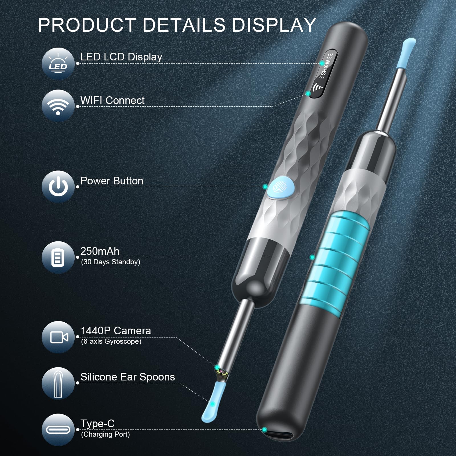 Ear Wax Removal, Ear Camera with 1440P HD, Ear Cleaner with Camera Built-in WiFi, Earwax Removal Kit with 6 Ear Pick, Otoscope with Lights, Ear Cleaning Kit for Android and iOS (Black)