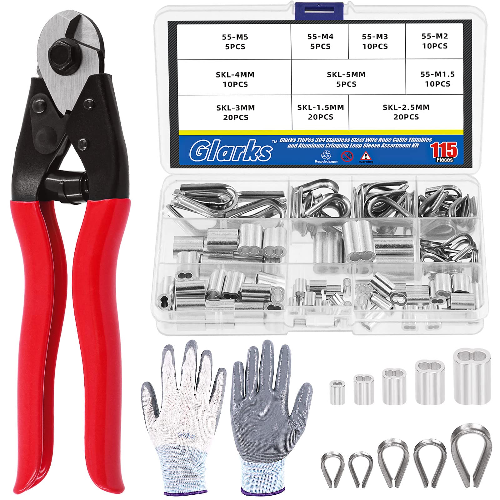 Glarks 117Pcs 8" Heavy Duty Wire Rope Cable Cutter and Aluminum Crimping Loop Sleeves and Wire Rope Thimble Assortment Kit with a Pair of Gloves for Deck Stair Railing Fencing