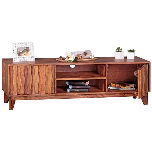 FineBuy Lowboard Massivholz Sheesham Kommode 146cm TV-Board 2 Fächer und Türen Landhaus-Stil Unterschrank TV-Möbel Echt-Holz 
