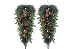 Yunlly 2 Pcs Artificial Christmas Teardrop Swag 26" Artificial Pine Needle Branches Christmas Greenery Teardrop Wreath Faux Winter Wreath with Conifer Cones for Xmas Door Mantle Decor (Pine Needles)