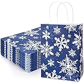 24Pcs Winter Paper Gift Bags Blue Snowflake Party Favor Bags with Handles Christmas Decorative Goodie Candy Treat Bags for Xmas Party Supplies