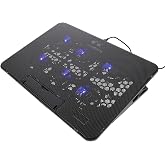 Kisangel Laptop Cooling Pad, 6 Fan Silent Cooler Stand for 15.6 in Notebook | Features blue LED lights, USB powered cooler stand with ergonomic, adjustable height, gaming, office, 14.1 x 10 inches