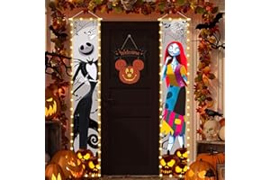 COVANLUMCI Nightmare Christmas Halloween Decor Jack Skellington Sally Lighted Banners Porch Sign Decorations Before Christmas Welcome Halloween Outdoor Party Banners