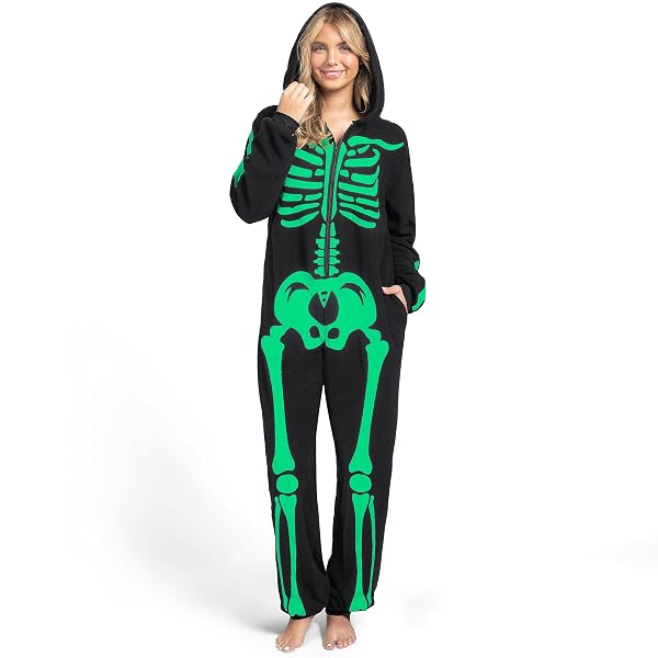SPOOKTACULAR CREATIONS ADULT SKELETON COSTUMES FOR WOMEN GLOW IN THE DARK SKELETON JUMPSUIT ZIP-UP HOODED JUMPSUIT HALLOWEEN COSPLAY COSTUME