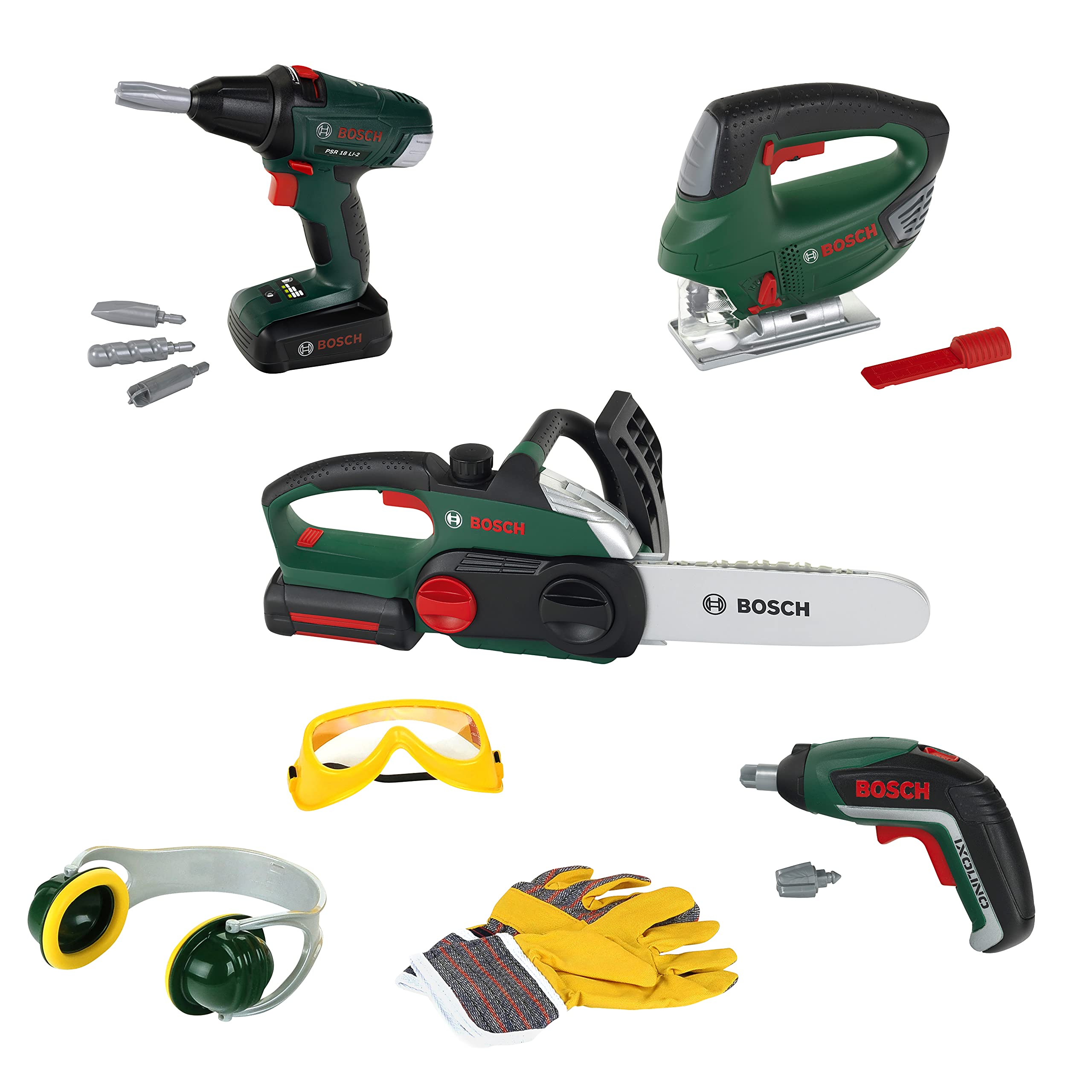 Theo Klein 8593 Large Construction Worker Set I Jigsaw and chainsaw with light and sound I Two cordless screwdrivers I With accessories I For children aged 3 and over