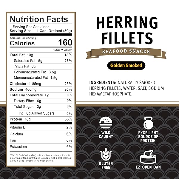 BRUNSWICK GOLDEN SMOKED HERRING FILLETS, 3.25 OZ CAN (PACK OF 12) – 18G PROTEIN PER SERVING – GLUTEN FREE, KETO FRIENDLY – GREAT FOR PASTA & SEAFOOD RECIPES