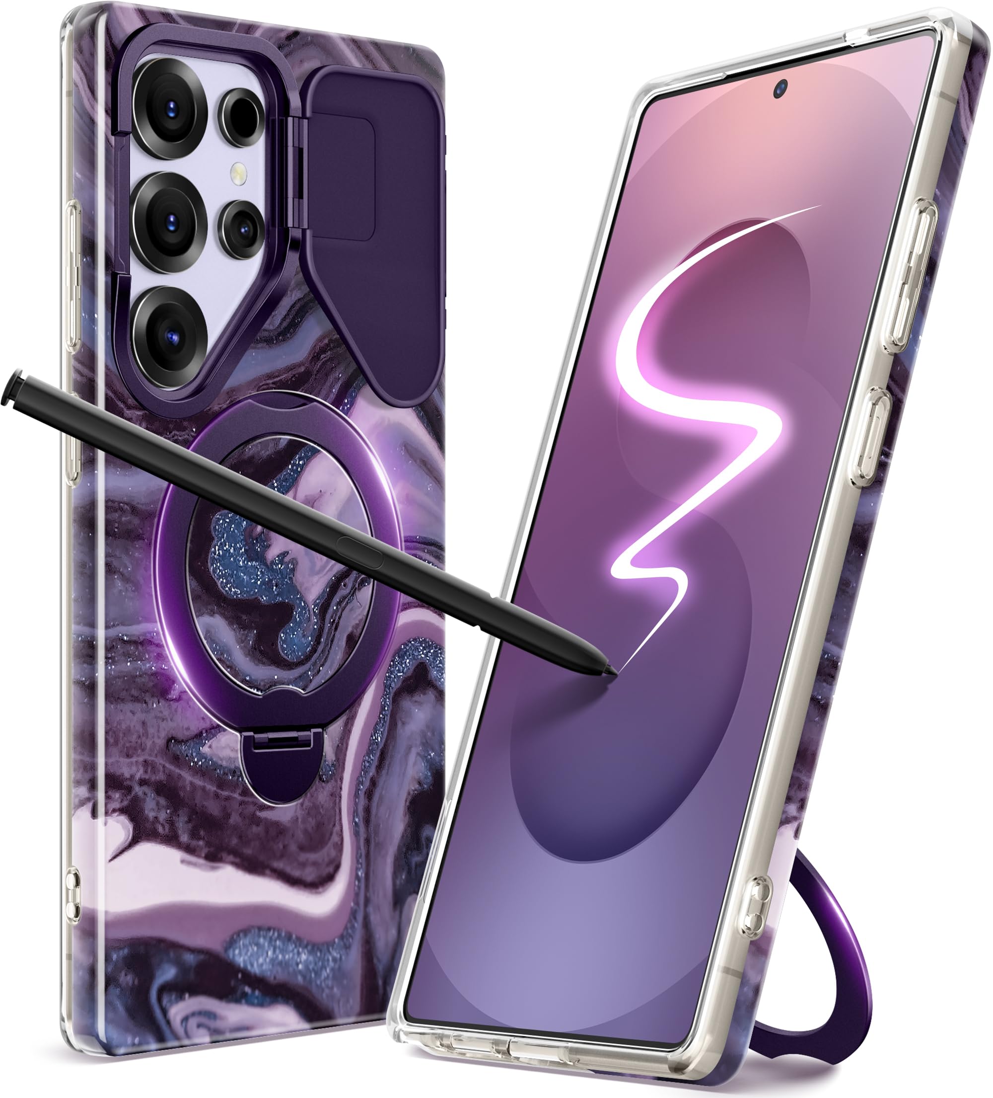 Photo 1 of GVIEWIN Magnetic for Samsung Galaxy S25 Ultra Case, [Compatible with Magsafe][Camera Cover Kickstand & 360° Spin Ring Holder] Marble Hard PC Rugged Protective Phone Case for S25 Ultra 6.9"(Quicksand)