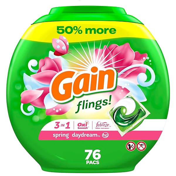 GAIN FLINGS LAUNDRY DETERGENT PACS, 76 COUNT, SPRING DAYDREAM SCENT, 3 IN 1 HE DETERGENT PACS WITH OXI BOOST AND FEBREEZE