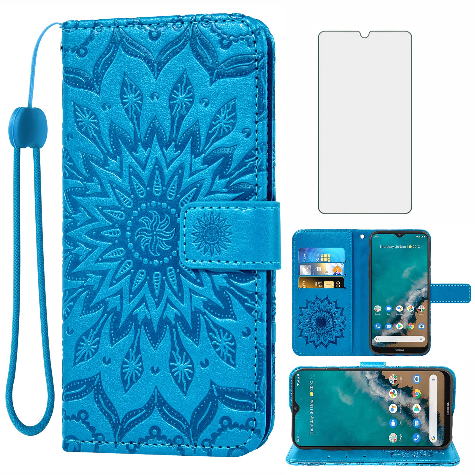 Asuwish Phone Case for Nokia G50 5G Wallet Cases with Tempered Glass Screen Protector and Sunflower Leather Slim Flip Cover Card Holder Stand Cell Accessories NokiaG50 G 50 (6.82") Women Men Blue