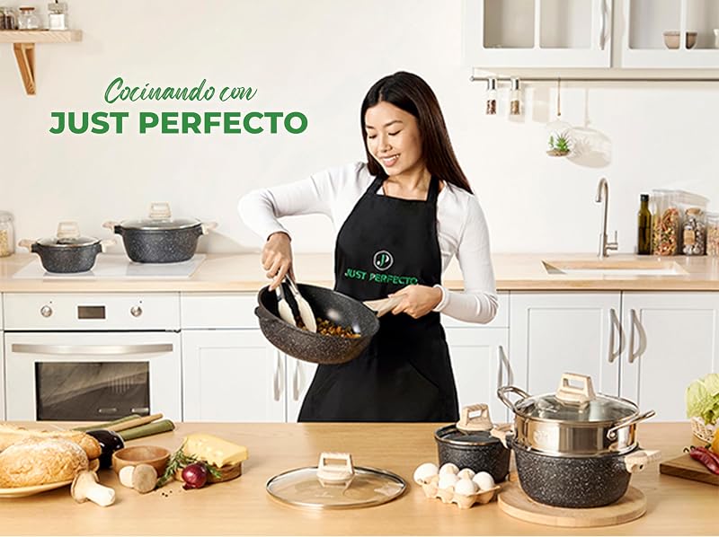JUST PERFECTO Bateria de Cocina Induccion y Sartenes Antiadherentes - Ollas Cocina 24cm,18cm - Sartenes induccion 24,28 cm - Sartén Hondo con Tapa 24 cm - Cacerolas Para Induccion incluidas Espátula