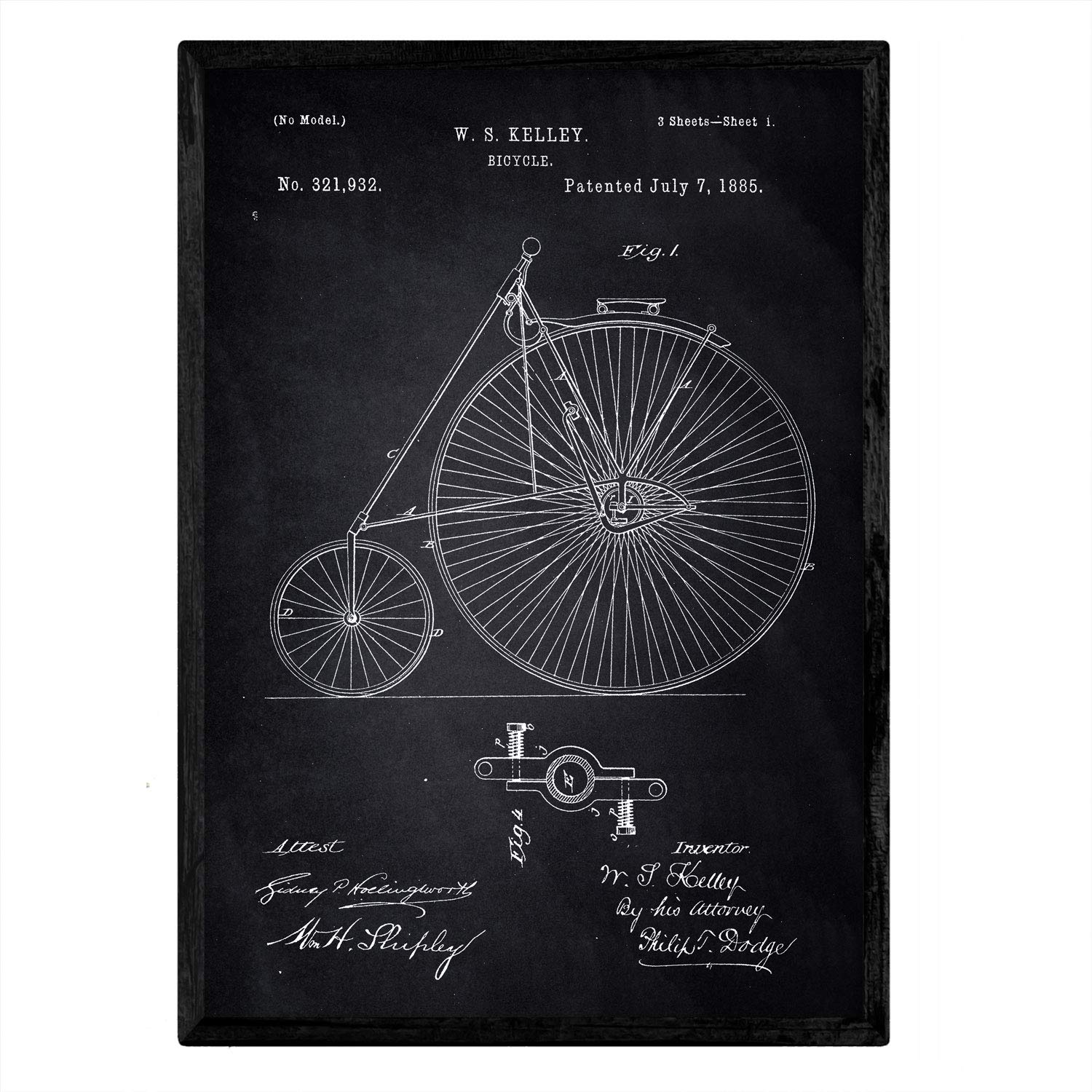 Nacnic patent Bicycle Poster Art with design 2. Patent ancient A3 size with black background